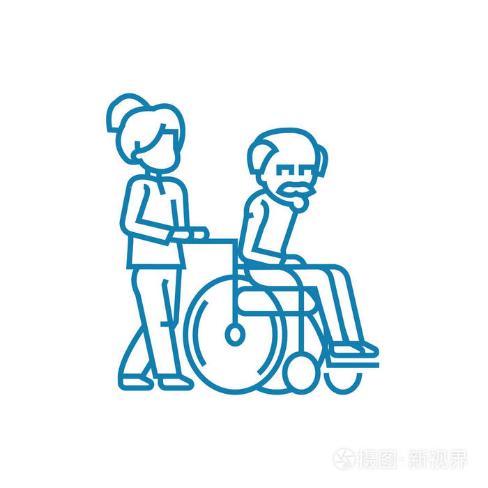 照顾老人线性图标的概念.关爱老人行矢量符号,符号,插图