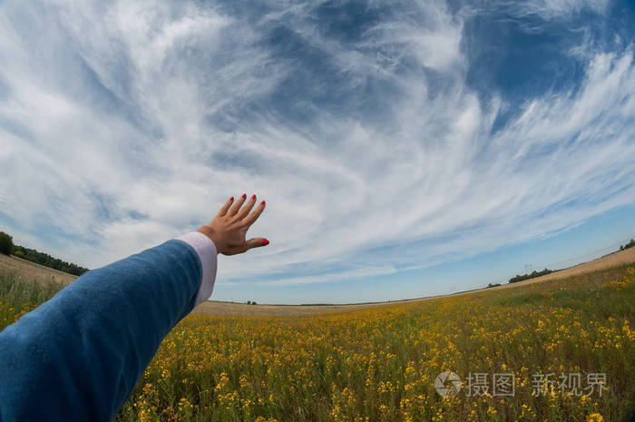 一个美丽的领域在不同的颜色和天空与美丽的云彩一只手伸展到天空人与
