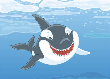 鲸鱼游泳在漂流的冰浮冰在极地海的蓝色水中, 矢量例证以卡通风格