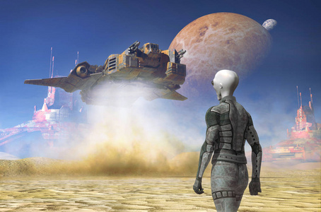 宇宙飞船土地上的外星人沙漠行星3d 渲染科幻插图照片