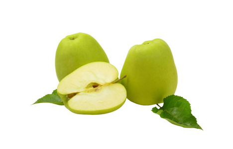两个半绿色的苹果在白色木背景