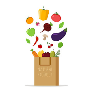纸袋与新鲜的蔬菜和水果在白色的背景。天然产品。平面设计插图