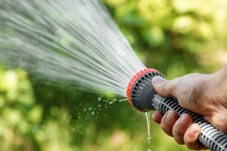 手花园软管配水喷雾, 浇花, 特写, 水溅, 新鲜绿色草坪.复制空间照片