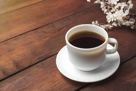 樱花树枝, 花和一杯黑咖啡照片