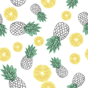 白色背景的菠萝无缝图案。设计纺织品, 横幅, 海报。连续线图