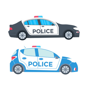 警察在一辆警车的路上巡逻.带有屋顶闪光灯的车辆.平面矢量图照片