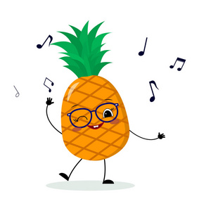 可爱的菠萝卡通人物在眼镜舞蹈音乐