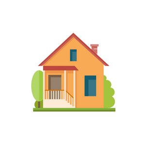 平面五颜六色的房子前面的图标。小屋与门廊和橙色的墙壁。现代设计结构矢量图解