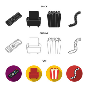 控制面板, 一张扶手椅, 爆米花。电影和电影集合图标在黑色, 平面, 轮廓样式矢量符号股票插画网站
