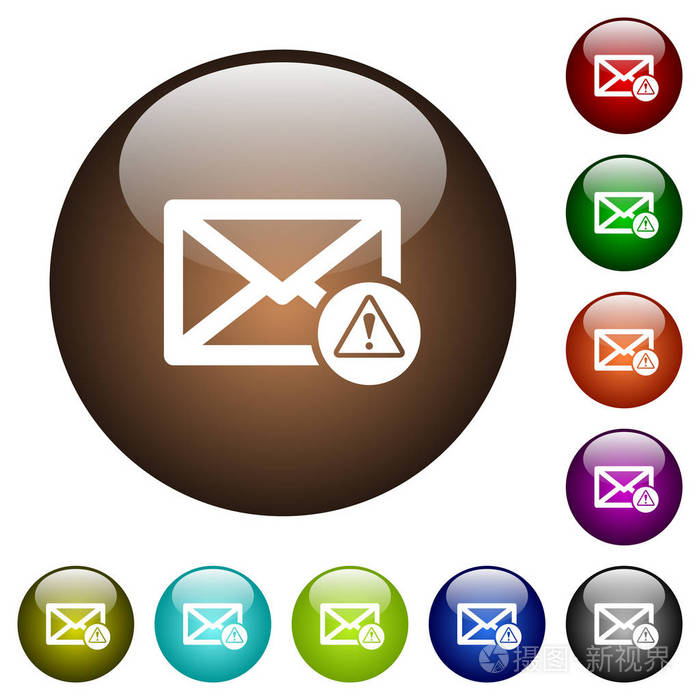 邮件警告在圆形彩色玻璃按钮上的白色图标