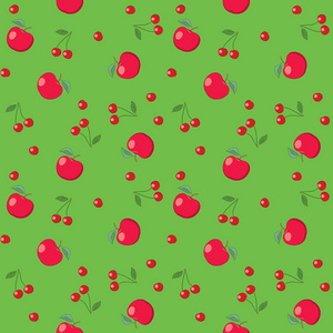 红色苹果和樱桃在明亮的绿色背景无缝矢量模式
