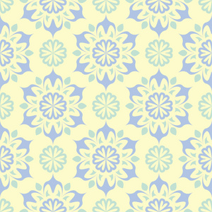 花米色无缝图案。米色背景以淡蓝色和绿色花设计为墙纸纺织品和织品