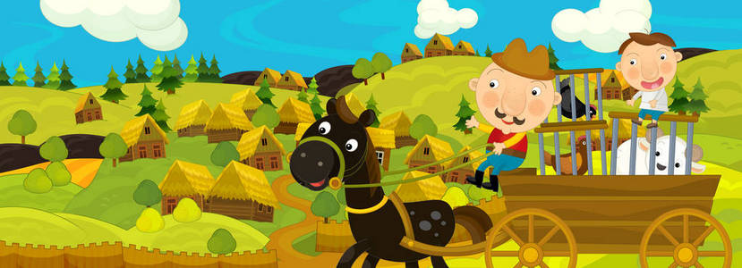 动画片场面与农夫在村庄附近例证为孩子