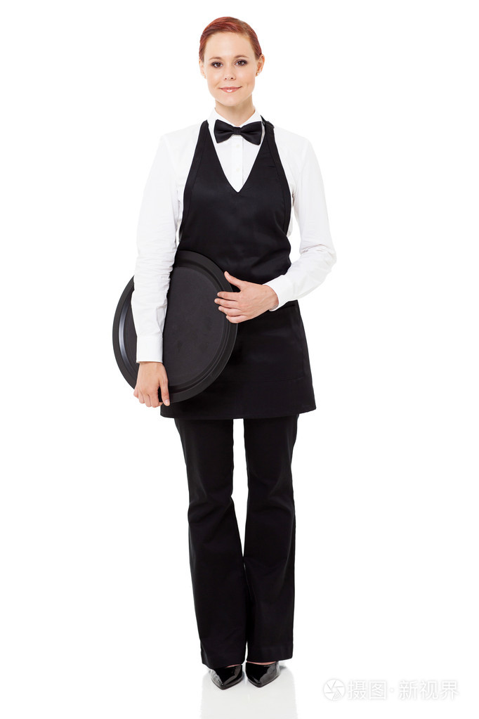 有吸引力的年轻女服务员手持托盘上白色隔离