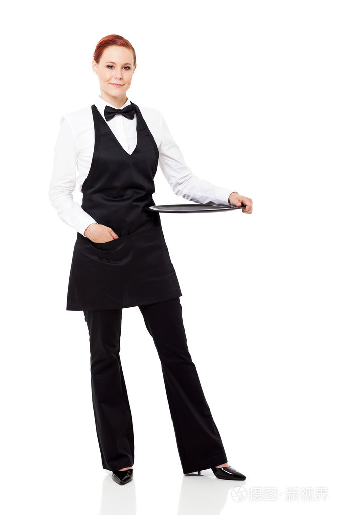 漂亮女服务员全长肖像与空纸盒