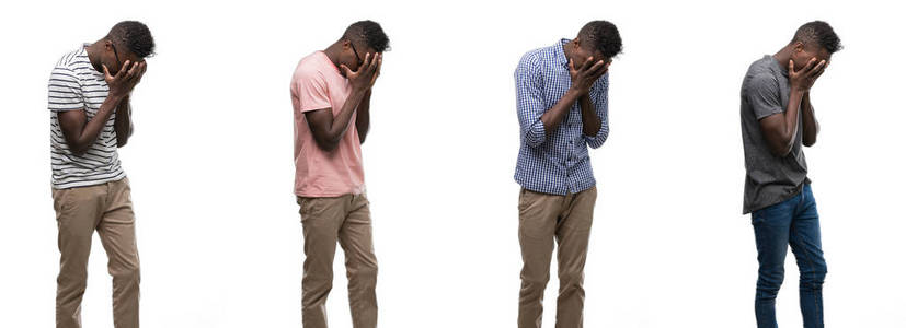 非洲裔美国人的拼贴画穿着不同的服装, 脸上带着悲伤的表情, 哭着捂着手。抑郁症概念