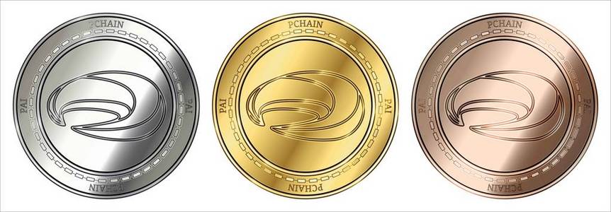 金, 银和青铜 Pchain 排 cryptocurrency 硬币。钱币套装