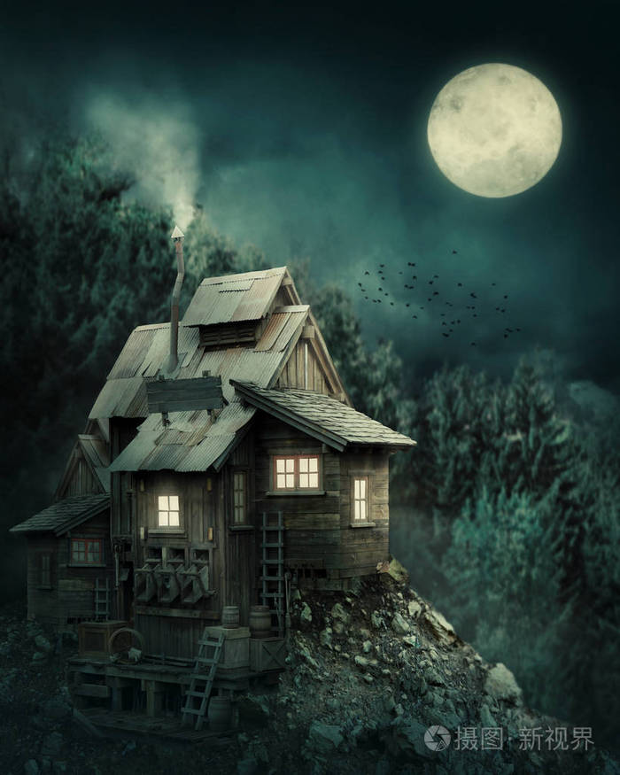 夜晚神秘森林中的女巫之家
