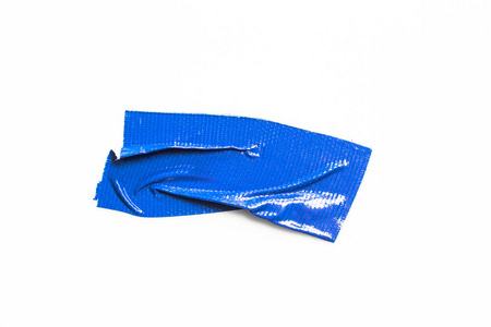 白色背景上的蓝色磁带。撕粘胶带, 粘合件
