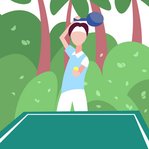 男子乒乓球运动员举行球拍棕榈景观背景男性体育活动卡通人物全长平