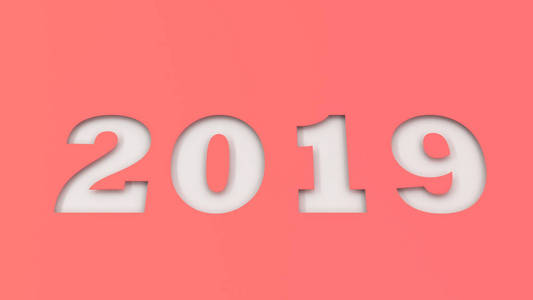 白色2019数字在红色纸切开。2019新年标志。3d 渲染插图