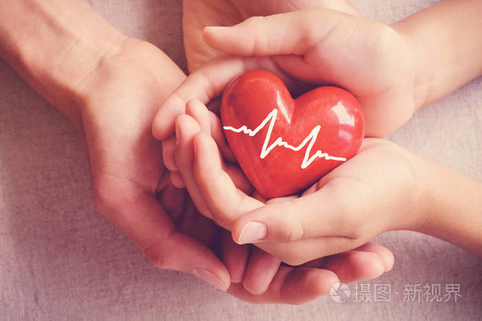 成人和儿童手持有红色心脏, 医疗保健, 器官捐赠, 家庭保险概念