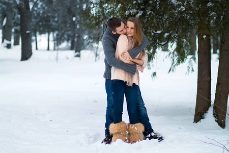 在冬季公园开心快乐年轻夫妇