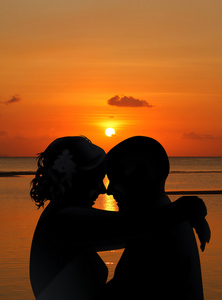 日落海滩上的已婚的夫妇