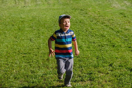 小男孩在绿色的田野里奔跑。可爱的孩子跑横跨公园户外草, 微笑