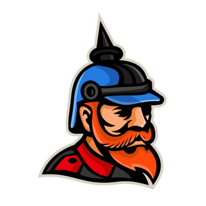 吉祥物图标插图的普鲁士军官戴着 pickelhaube 或 pickelhelm, 一顶戴着第十九和第二十世纪德国军方从侧面观看