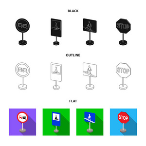 不同类型的道路标志黑色, 扁平, 轮廓图标在集合中进行设计。警告和禁止标志矢量符号股票 web 插图