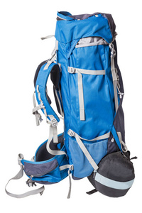 蓝色背包为徒步旅行隔绝在白色背景。一个专业背包的侧面视图徒步旅行与睡袋。徒步旅行装备