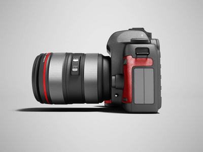 现代灰色变焦相机与红色皮革插入在侧面3d 渲染灰色背景与阴影