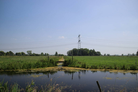 在 Krimpenerwaard 的沟, 草地和电线在蓝天上的圩