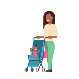 非洲母亲婴儿童车全长度头像在白色背景, 成功的家庭概念, 平面卡通