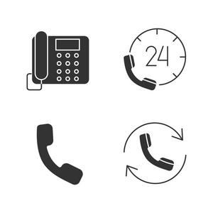 电话通信标志符号图标设置。座机电话, 热线电话, 手机, 电话。剪影符号。矢量隔离插图