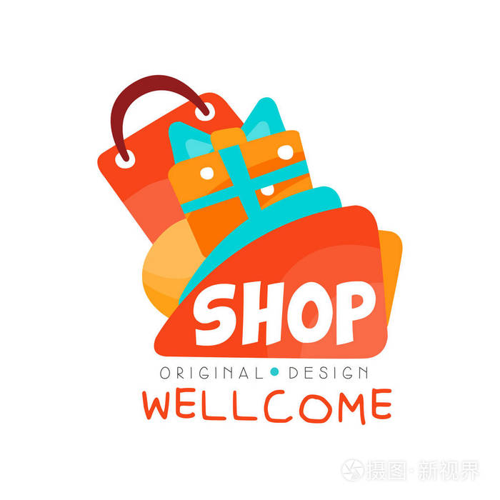 欢迎来店 logo 原创设计模板, 标签与购物袋矢量插图在白色背景上
