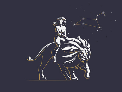 一个女人在骑狮子.矢量插图照片