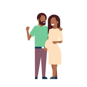 非洲孕妇微笑的妻子幸福的丈夫全长头像在白色背景, 成功的家庭概念, 平面卡通