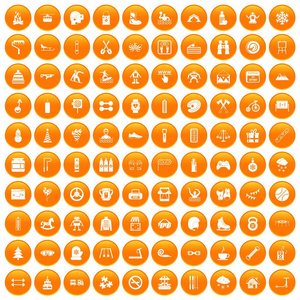 100儿童活动图标设置在橙色圆圈孤立向量插图