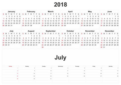 2018月历与白色背景