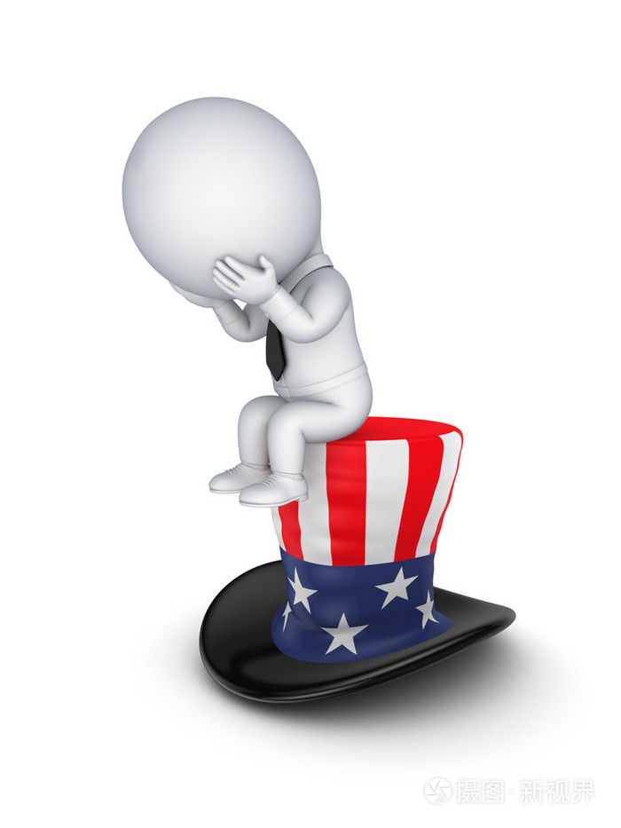 坐在山姆大叔的帽子上的悲伤 3d 小人