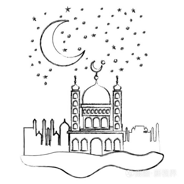 阿拉伯城堡与月亮在夜插画-正版商用图片05syrc-摄图新视界