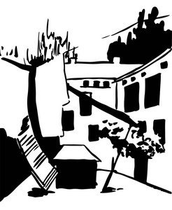 手绘墨线素描欧洲老镇敖德萨, 历史建筑与窗口, 大厦, 屋顶.