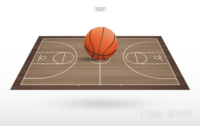篮球场上有木地板图案和质地的篮球。背景的篮球场透视图。矢量插图