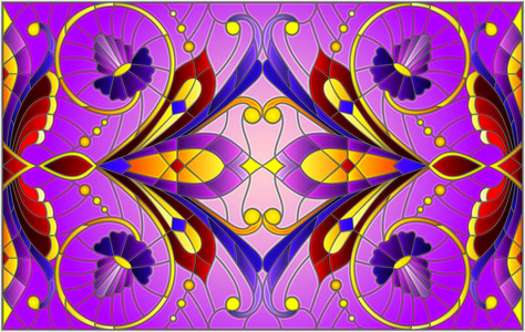 插图在彩色玻璃样式与抽象漩涡, 花和叶子在紫色背景, 水平方向