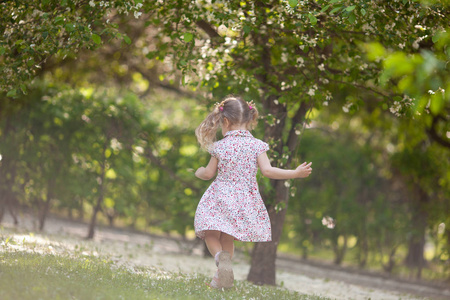 可爱的小女孩在户外夏天公园散步