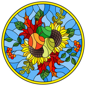 插图在彩绘玻璃样式与秋天构成, 明亮的叶子, 花和果子在蓝色背景, 圆