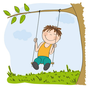 快乐的小男孩坐在秋千上, 在花园或公园里的树下摇摆原始手绘插图