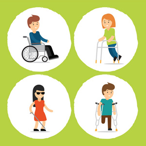 矢量卡通插图的残障人士年轻快乐的女人与假肢牵手与她的女性朋友